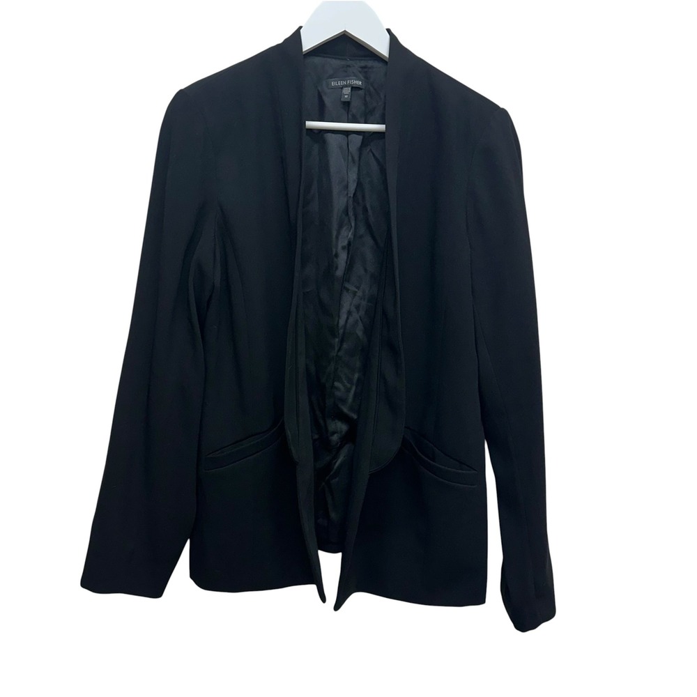 Eileen Fisher Womens Black Silk Blend Open Front Blazer Jacket Size 12